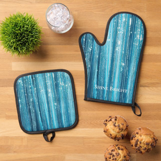 Glam Aqua Sparkle Stripes  Oven Mitt & Pot Holder Set (Top Down)