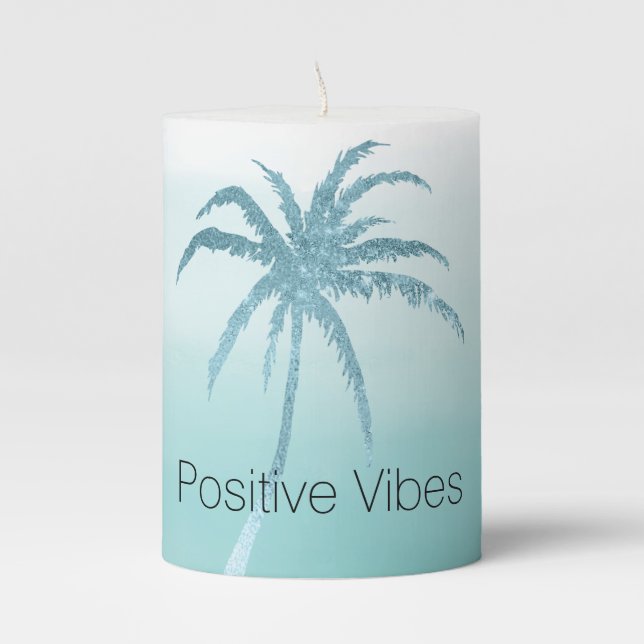 Glam Aqua Tropical Palm Tree Ombre  Pillar Candle (Front)