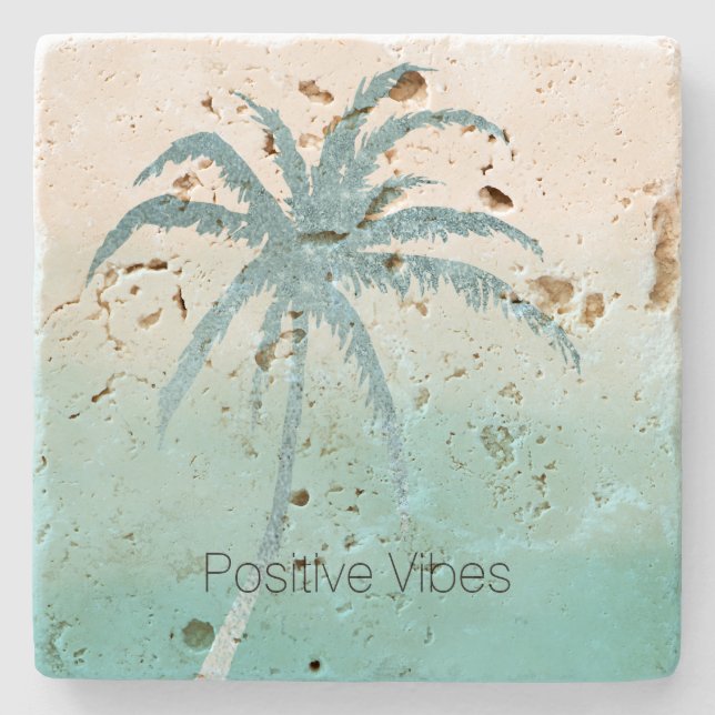 Glam Aqua Tropical Palm Tree Ombre      Stone Coaster (Front)