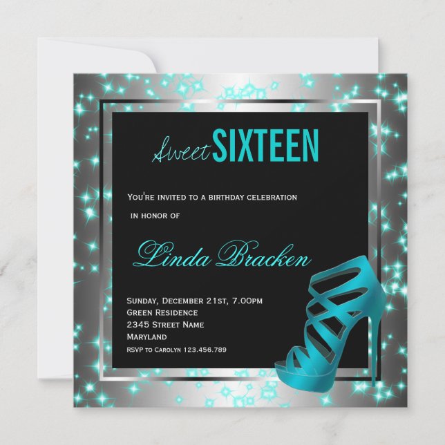 Glam Aqua Twinkle High Heel Sweet Sixteen Invite (Front)
