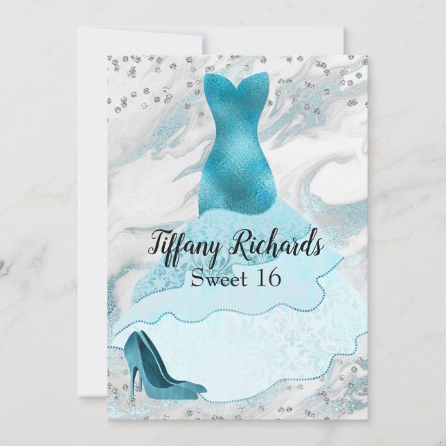 Glam Aquamarine Gown Sweet 16 Invitation (Front)