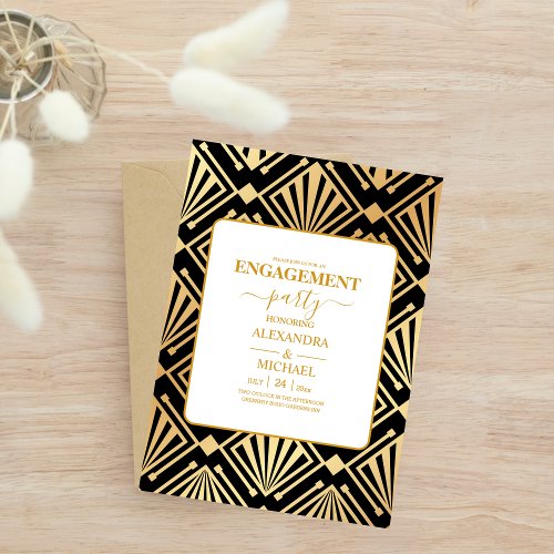 Glam Art Deco Black Gatsby 1920s Style Engagement Invitation