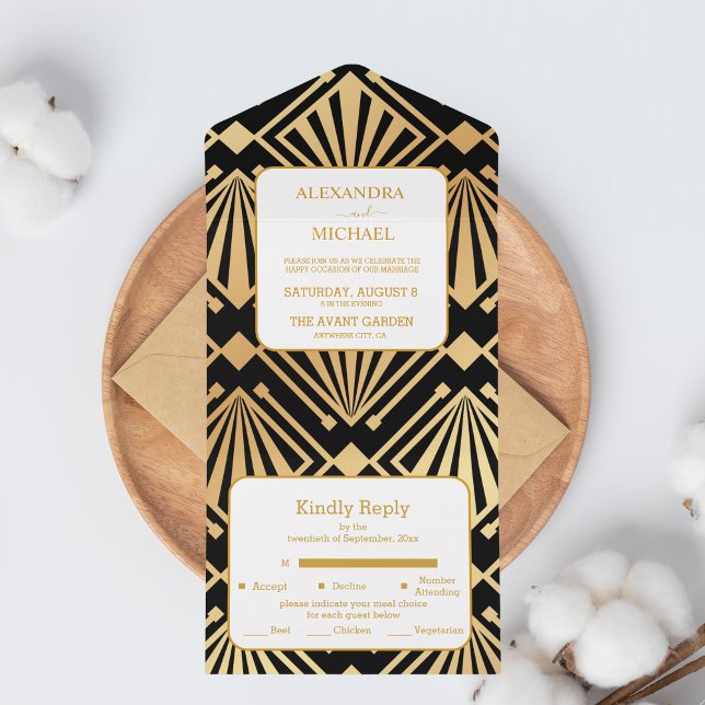 Glam Art Deco Black Gatsby 1920s Style Wedding All In One Invitation (Creator Uploaded)