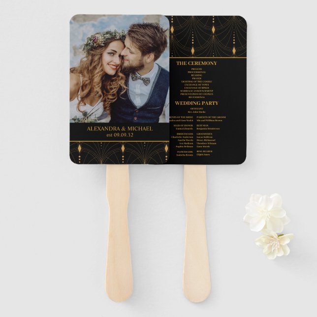 Glam Art Deco Black Gatsby 1920s Style Wedding Hand Fan (Front and Back)