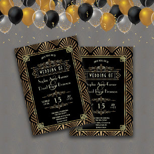 Glam Art Deco Black Gatsby 1920s Style Wedding Invitation