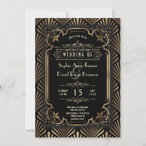 Glam Art Deco Gold Black Gatsby 20s Style Wedding Invitation