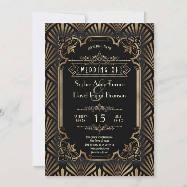 Glam Art Deco Gold Black Gatsby 20s Style Wedding Invitation (Front)