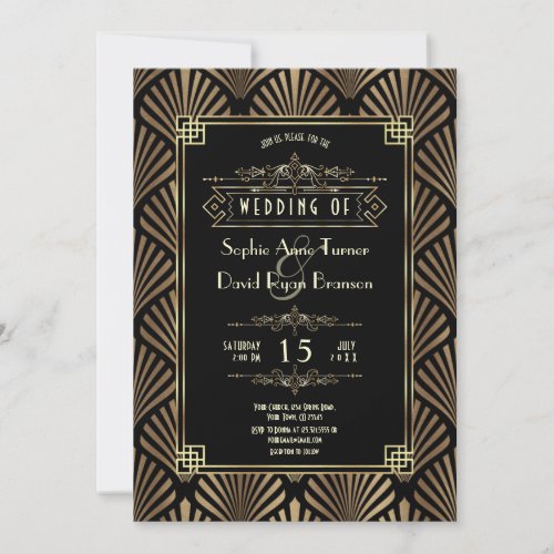 Glam Art Deco Gold Black Gatsby 20s Wedding Invitation