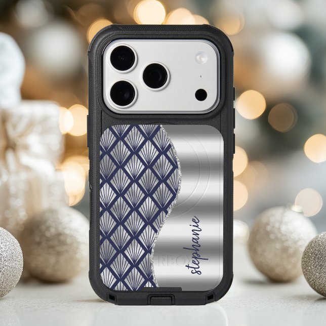 Glam Art Deco Pattern Silver Navy Blue Name Otterbox iPhone Case (Creator Uploaded)