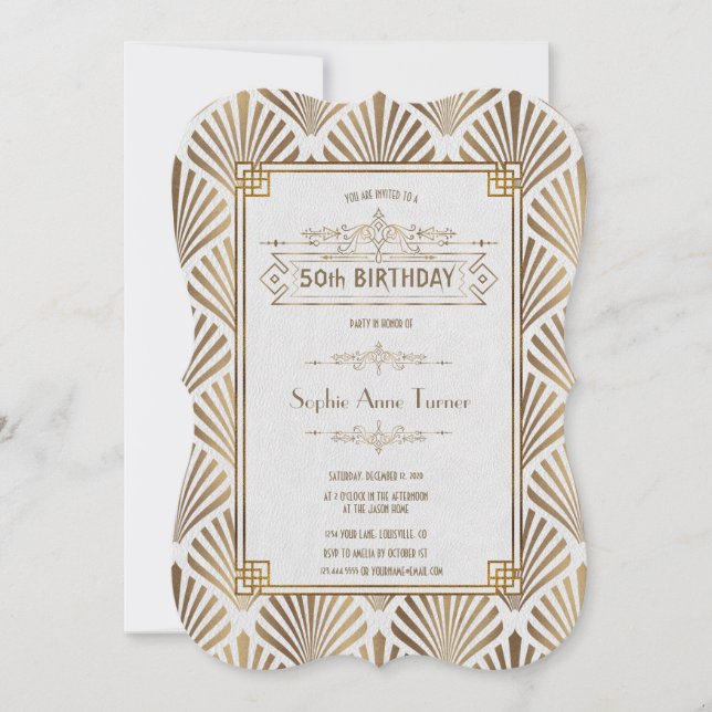 Glam Art Deco White Gatsby 50th Birthday Party Invitation (Front)