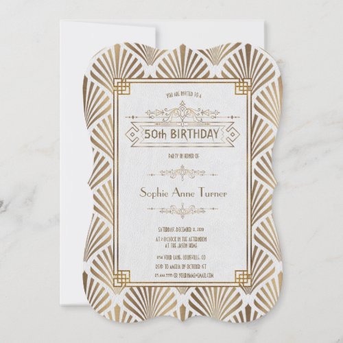 Glam Art Deco White Gatsby 50th Birthday Party Invitation