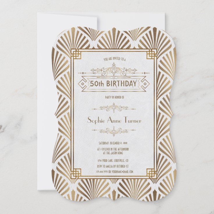 Glam Art Deco White Gatsby 50th Birthday Party Invitation | Zazzle