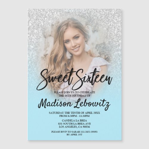 Glam Baby Blue  Glitter Sweet 16 Photo Invite