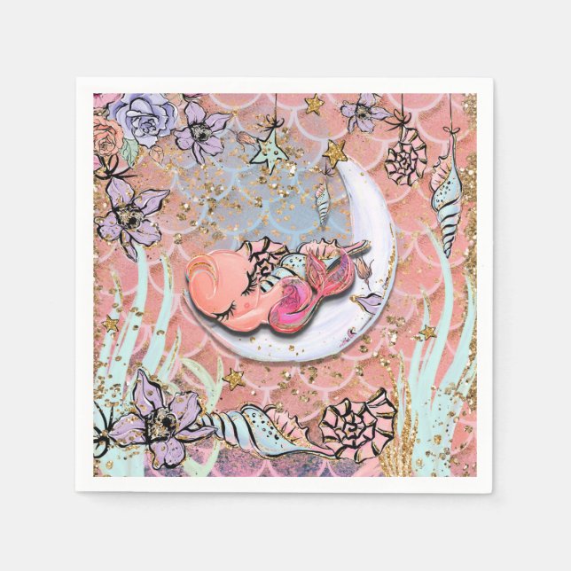 Glam Baby Mermaid Girls Baby Shower Birthday Party Napkins (Front)