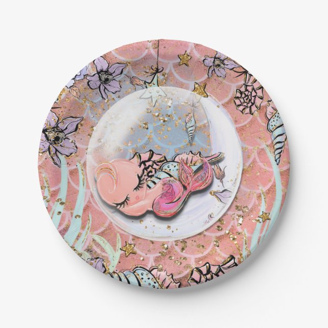 Glam Baby Mermaid Girls Baby Shower Birthday Party Paper Plates (Front)