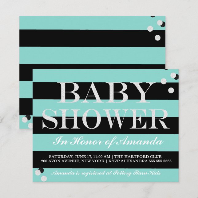 Glam BABY Teal Blue & Silver Sprinkle Shower Party Invitation (Front/Back)