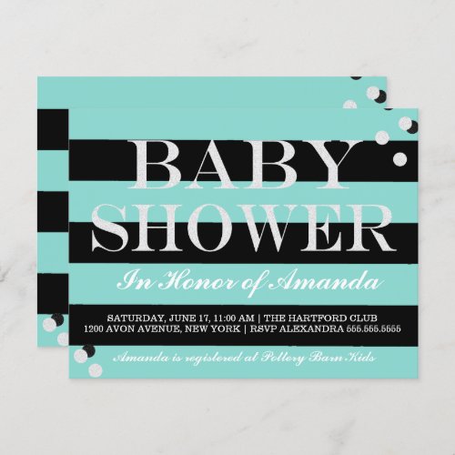 Glam BABY Teal Blue  Silver Sprinkle Shower Party Invitation