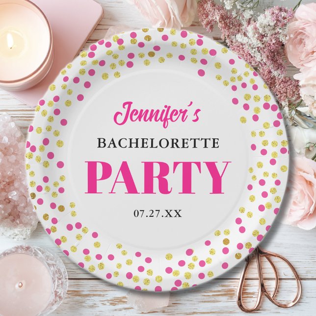Glam Bachelorette Party Pink Gold Dots Paper Plates (Creator Uploaded)