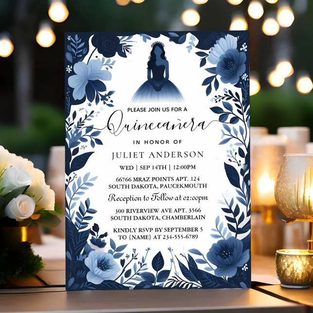 Glam Ball Gown Spark Dark Navy Blue Quinceanera Invitation (Creator Uploaded)