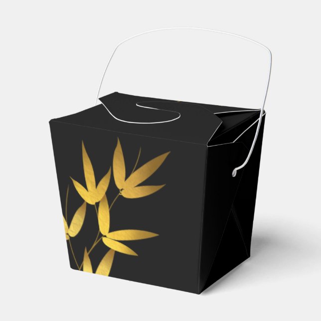 Glam Bamboo Leaves Gold Foil | black gold Favor Boxes (Front Side)