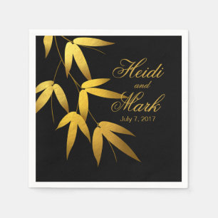 Glam Bamboo Leaves Gold Foil black Napkins