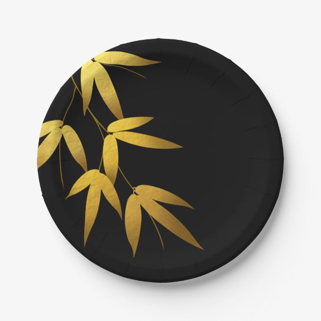 Glam Bamboo Leaves Gold Foil | black Paper Plates (Front)