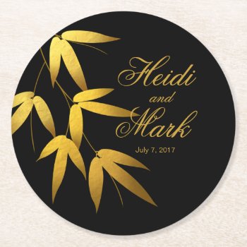 Glam Bamboo Leaves Gold Foil | Black Round Paper Coaster by glamprettyweddings at Zazzle