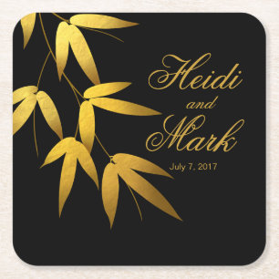 Glam Bamboo Leaves Gold Foil   black Square Paper Coaster