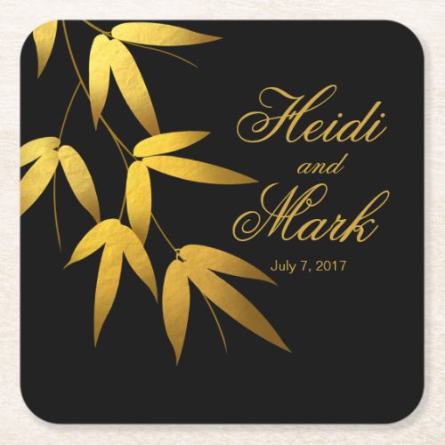 Glam Bamboo Leaves Gold Foil  black Square Paper Coaster