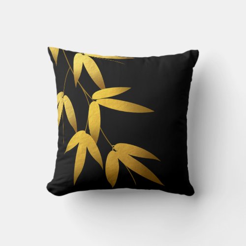 Glam Bamboo Leaves Gold Foil  black Throw Pillow