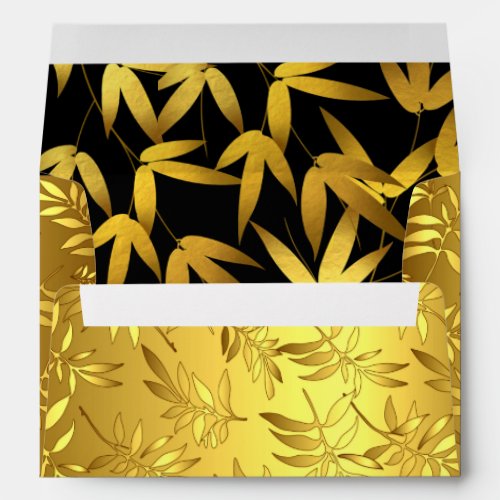 Glam Bamboo Leaves Gold Foil  gold  black Envelope