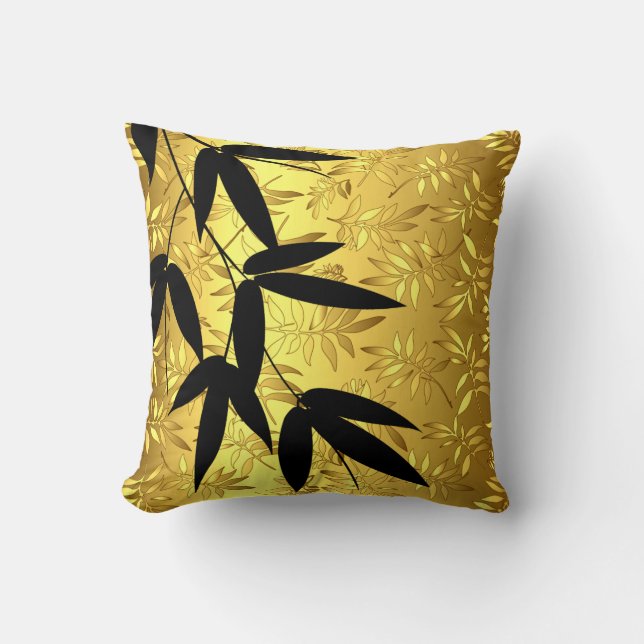 Glam Bamboo Leaves Gold Foil | gold Throw Pillow (Front)