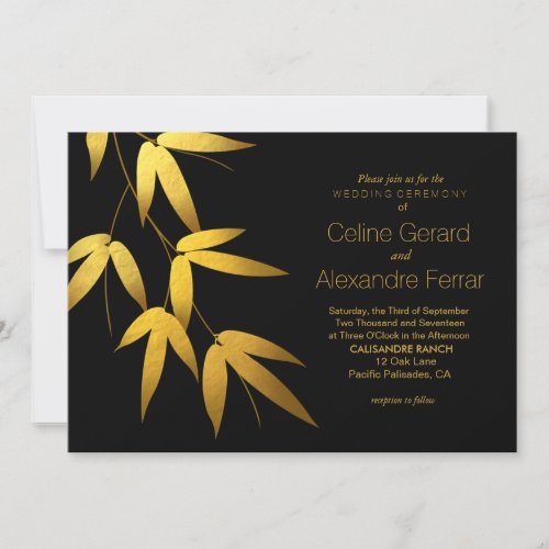 Glam Bamboo Leaves Gold Foil Wedding  black Invitation