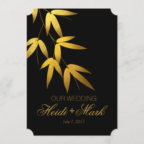 Glam Bamboo Leaves Gold Foil Wedding Program black