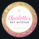 GLAM BAT MITZVAH modern luxe pink gold glitter Classic Round Sticker<br><div class="desc">by kat massard >>> www.simplysweetpaperie.com <<< ***NOTE THE GLITTER EFFECT IS A PRINTED PICTURE*** Use as an envelope seal or to decorate favors & gifts for your wedding, party or business. Setup as a template it is simple for you to add your own details, or hit the customize button and...</div>