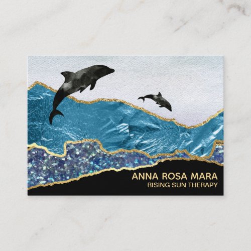  Glam Beach Dolphins Gold Glitter Black Teal Business Card