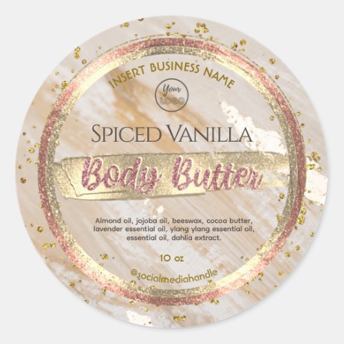 Glam Beige Marble Gold Foil Effect Body Butter Classic Round Sticker