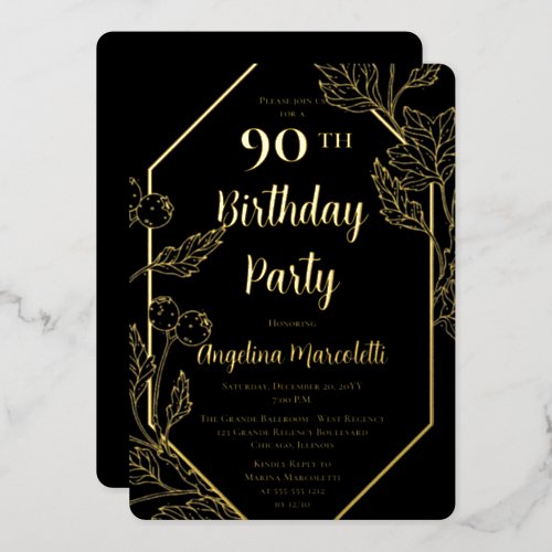 Glam Berries  Leaves Frame 90th Birthday  Foil Invitation