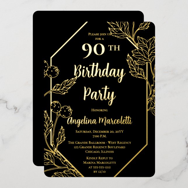 Glam Berries | Leaves Frame 90th Birthday  Foil Invitation (Front/Back)