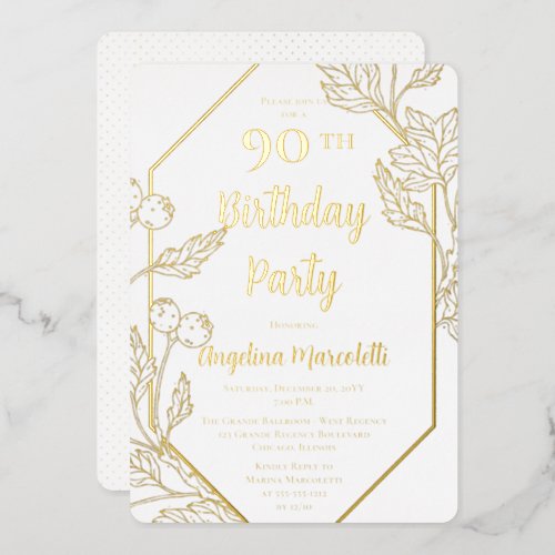 Glam Berries  Leaves Frame 90th Birthday Foil Invitation