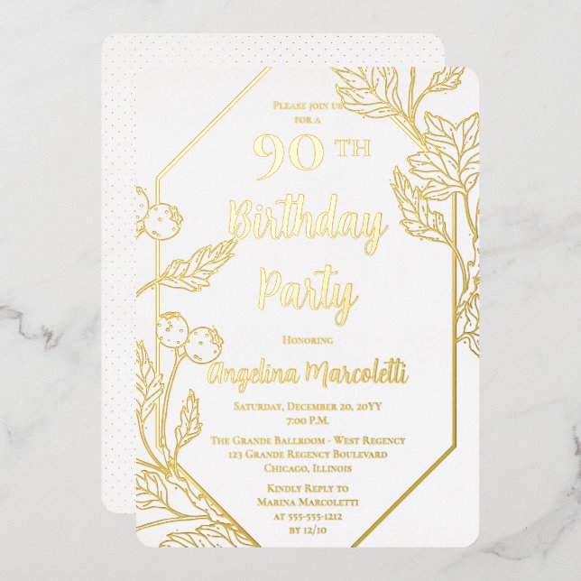 Glam Berries | Leaves Frame 90th Birthday Foil Invitation (Front/Back)