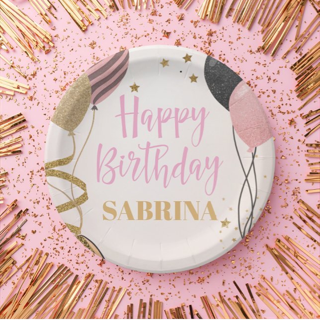 glam birthday party blush pink foil invitation paper plates (Creator Uploaded)