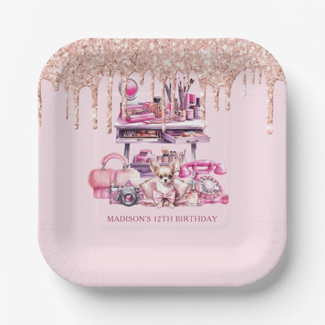 Glam Birthday Party Makeup Personalized Paper Plates (Front)