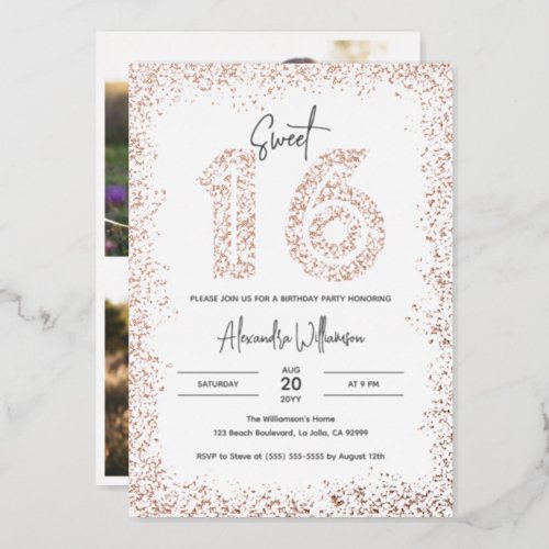 Glam Birthday Party Real Rose Gold Photo Sweet 16 Foil Invitation