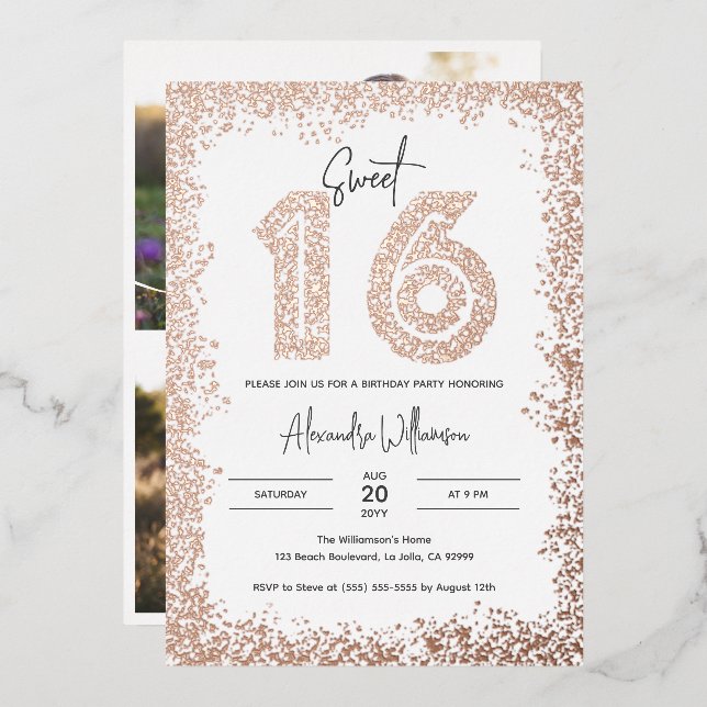 Glam Birthday Party Real Rose Gold Photo Sweet 16 Foil Invitation (Front/Back)
