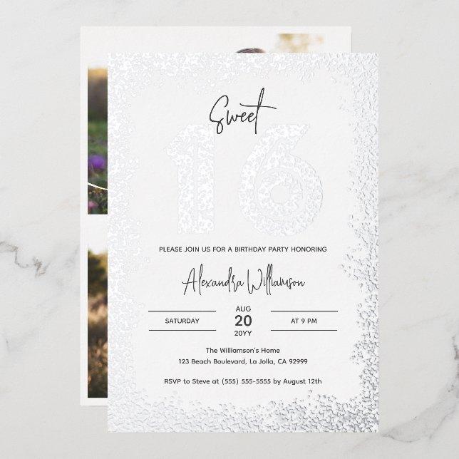 Glam Birthday Party Silver Glitter Photo Sweet 16 Foil Invitation (Front/Back)