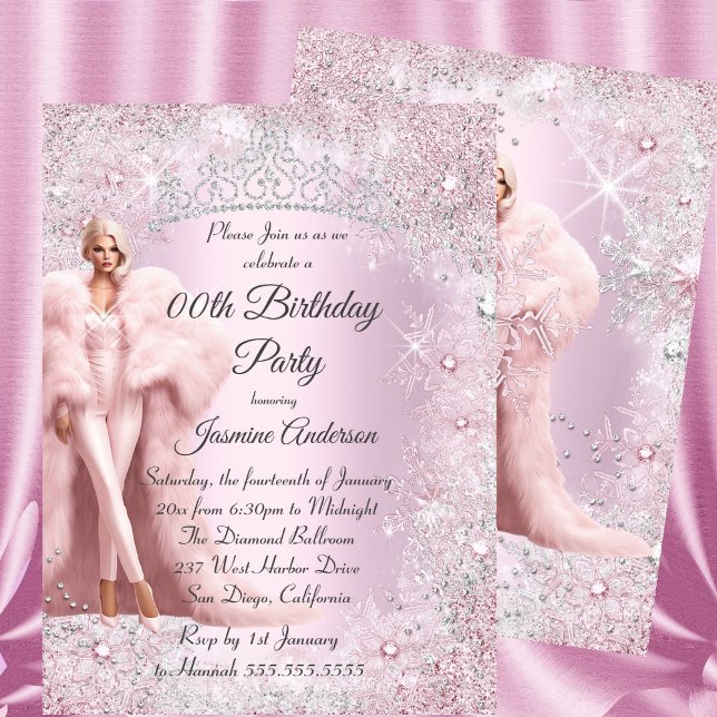 Glam Birthday Pink Silver Winter Wonderland Tiara Invitation (Creator Uploaded)