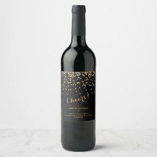Glam Black and Faux Gold Confetti Wedding Cheers Wine Label