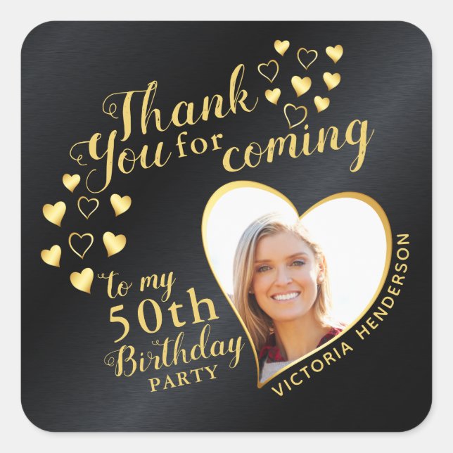Glam Black and Gold 50th Birthday Thank You Favor Square Sticker (Front)