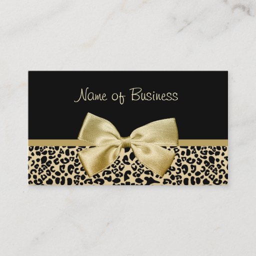 Customizable Glam Black And Gold Leopard Print Gold Ribbon Business Card